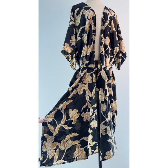 Maison Du Soir Other - Maison Du Soir Kimono Maxi Robe Black Gold Floral Leaf Loungewear Resort L/XL